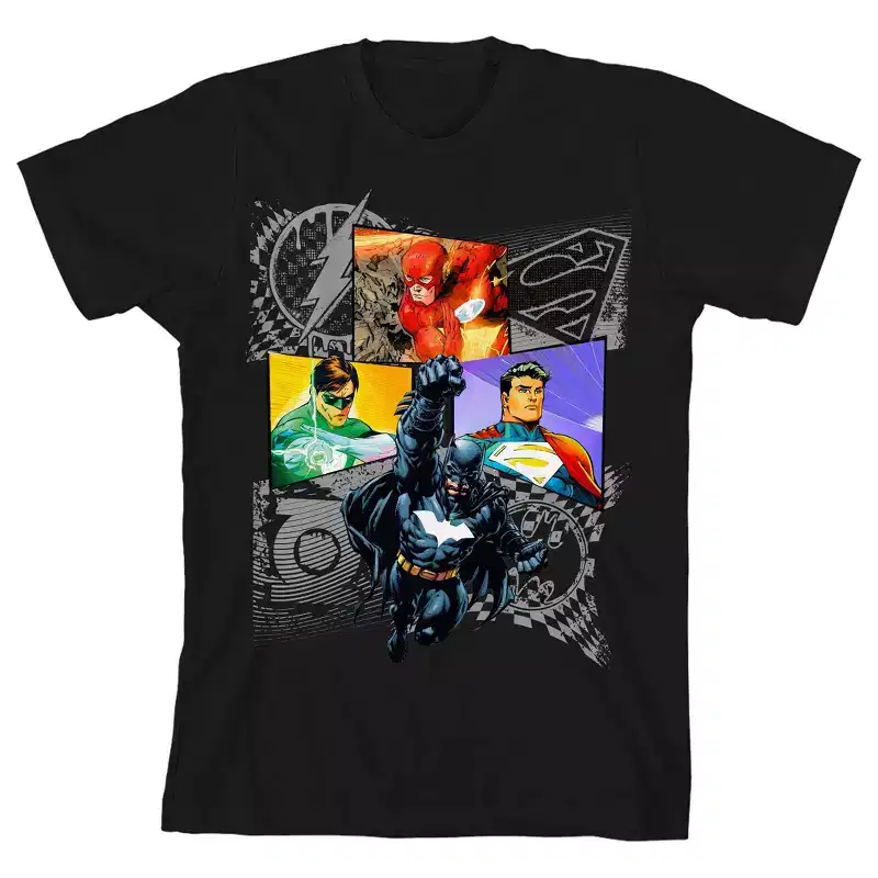 Justice League Collage Art Black T-shirt Toddler Boy to Youth Boy