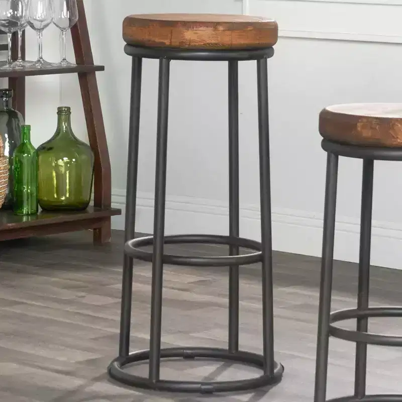 30" Backless Bar Stool, Reclaimed Wood Seat with Iron Frame, Brown/Black