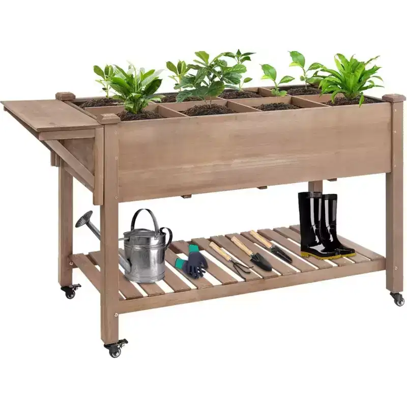 NAYSAYE Elevated Garden Bed Wooden Raised Planter Box with Side Table Storage Shelf and Wheels for Herbs Vegetables Flowers in Patio Garden, Brown