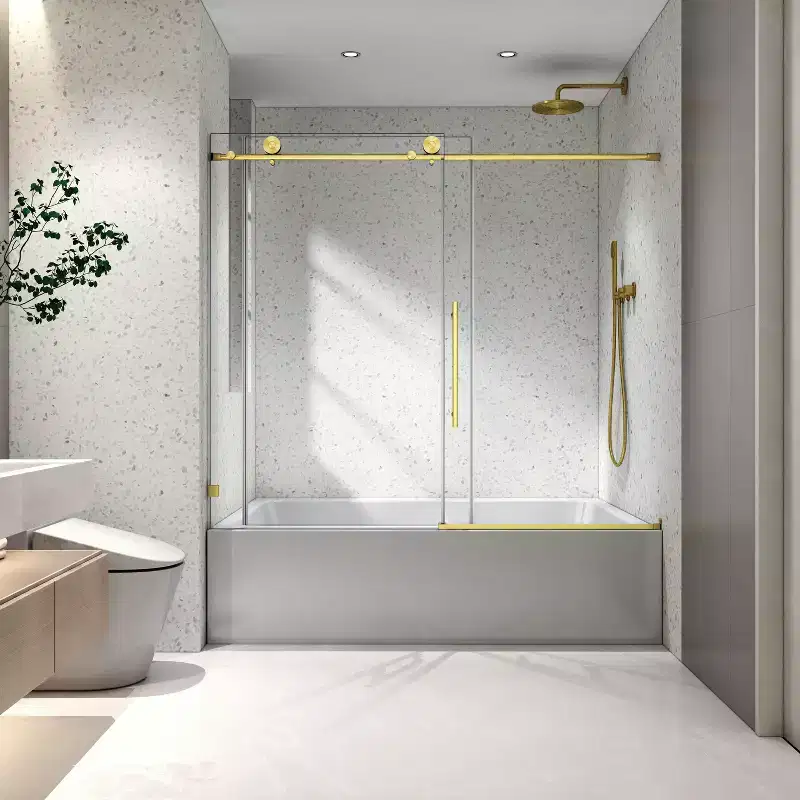 PexFix 63 in.x 60 in. Frameless Single Sliding Shower Door 8mm Tempered Glass With Adjustable Soft Closing Design for Spa Bathroom Brushed Gold