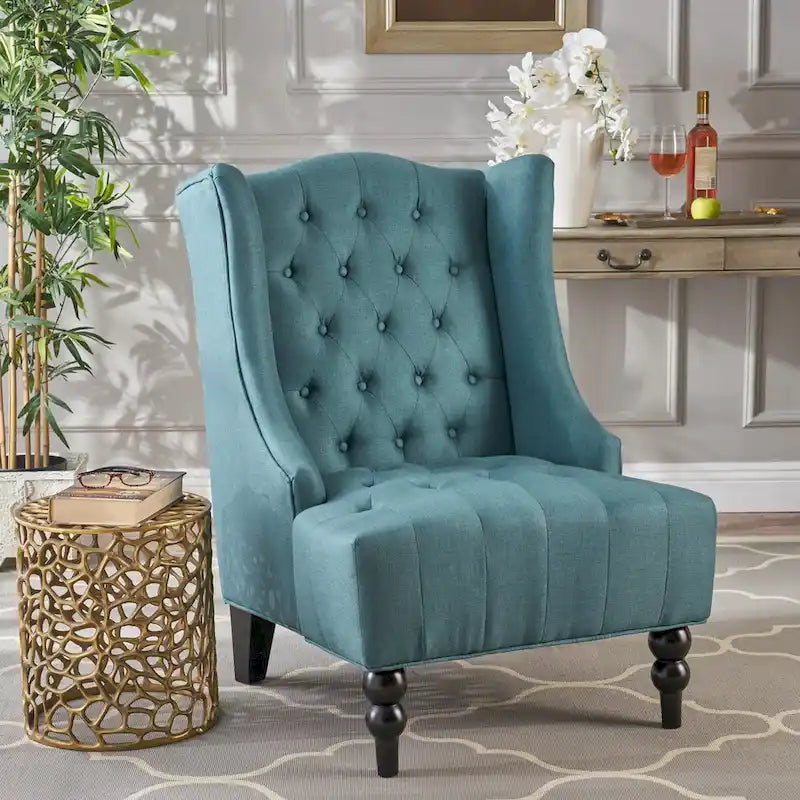 Upholstered Wingback Chair &ndash; Blue / Navy / Silver / Green, Button-Tufted Diamond Stitch, Birch Legs, Seats 1