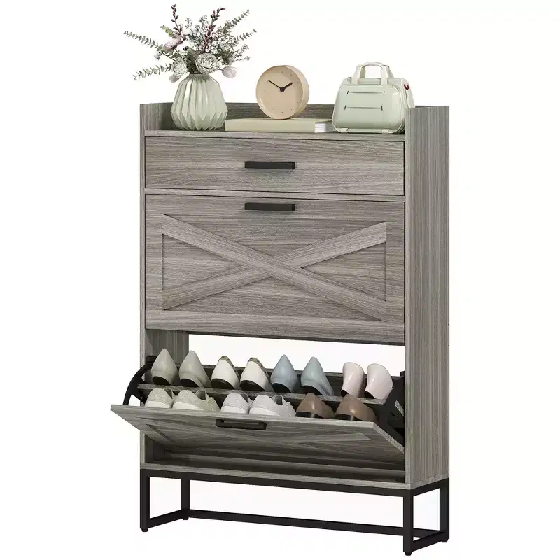 Slim Shoe Storage Cabinet, Shoes Cabinet Organizer with 2 Flip Drawers, Adjustable Shelves for 12 Pair