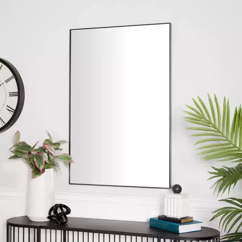 Brown Wood Rectangle Wall Mirror, Thin Frame, 1-Person