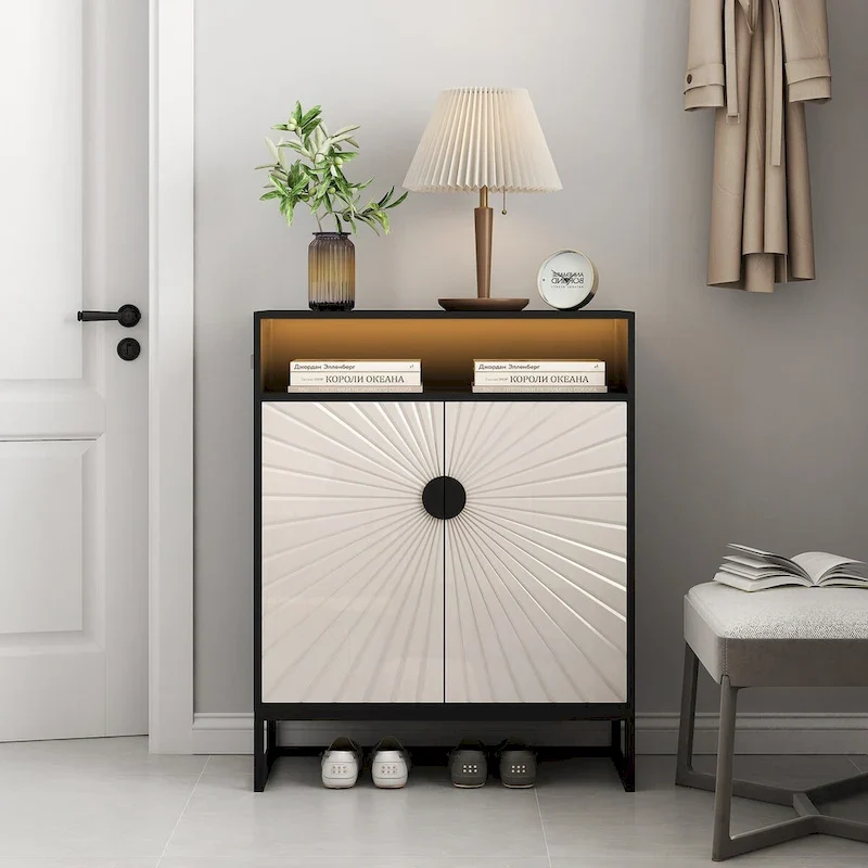 5-Tier Shoe Storage Cabinet, Wooden Shoe Cabinet with Doors Shoe Organizer with Open Shelves for Entryway, Hallway, Living Room