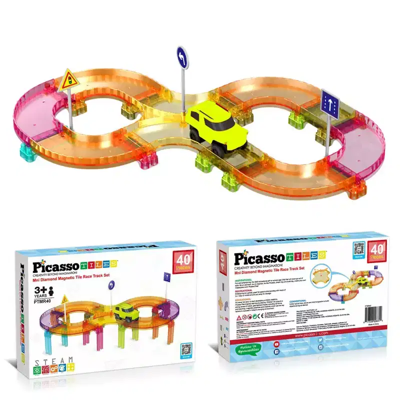 PICASSO-TILES Mini Magnetic Race Track Tiles for Kids  40PCS STEM Construction Building Blocks Toy Set with Racing Car, Travel Size