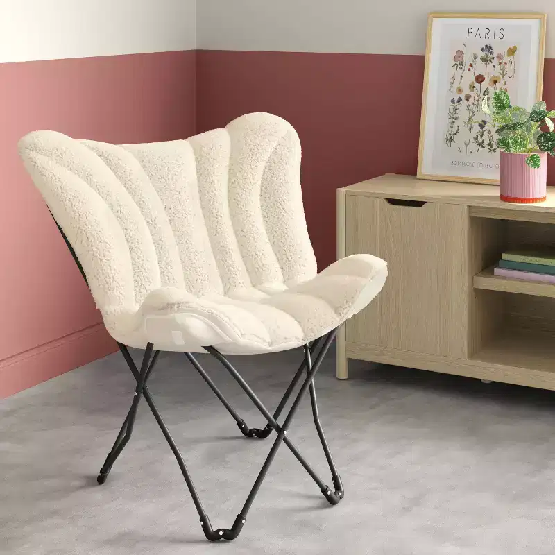 Faux Shearling Butterfly Chair with Steel Frame &ndash; Cream