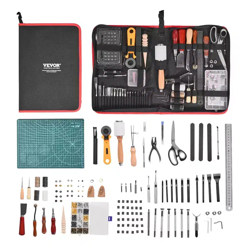 VEVOR Leather Working Tools Kit, 61 PCS Leather Craft Tools with Portable Canvas Storage Bag, Engraving Punching Sewing Stamping Sanding Tools, Black