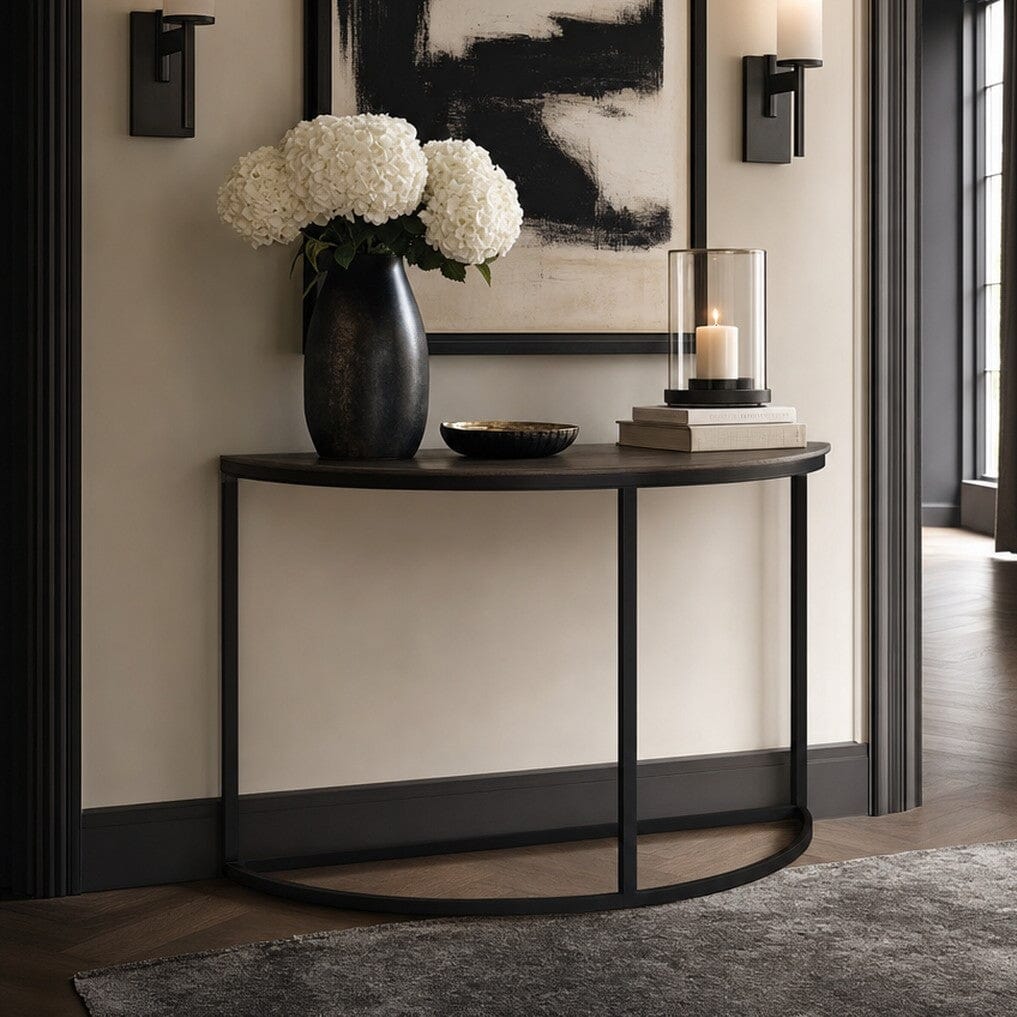 Black Metal Half Moon Console Table with Bronze Top