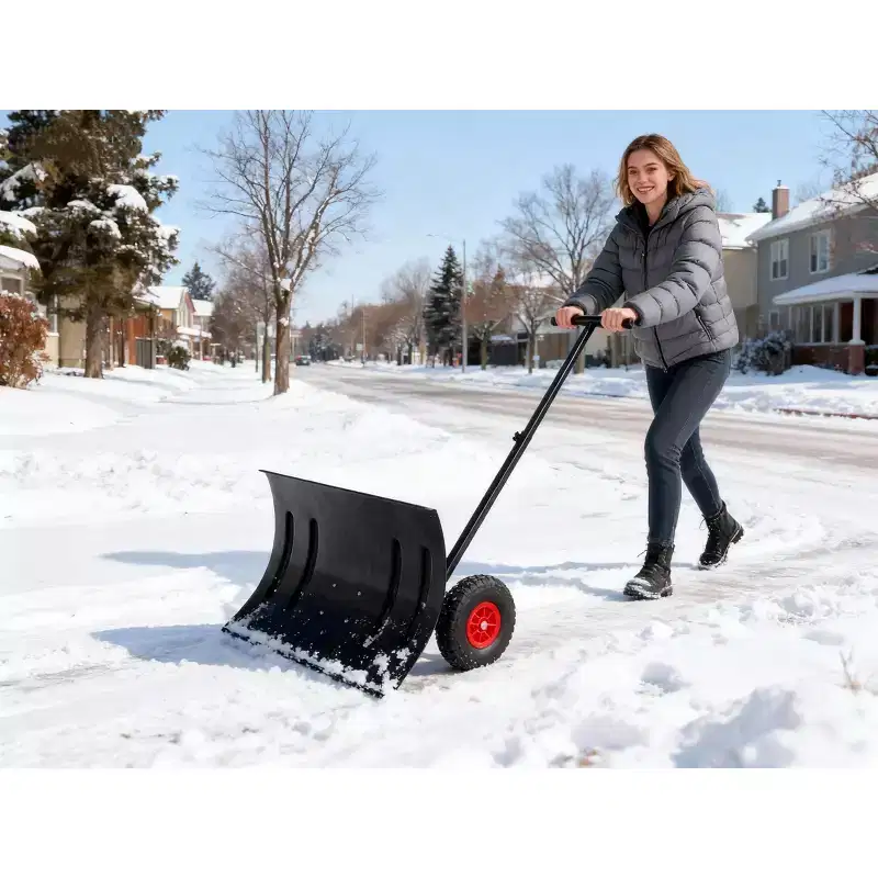 Snow Shovel Pusher for Driveway,Heavy Duty 2-Wheel Snow Shovel with Single Rod,29 Angled Blade Efficient Metal Snow Removal,Adjustable Height Handle