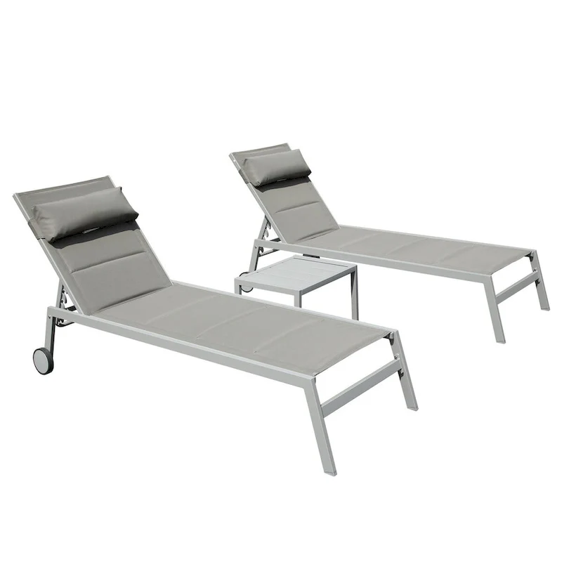 Outdoor Patio Chaise Lounge Set of 3,Aluminum Pool Lounge Chairs with Side Table and Wheels,Textilene Padded Adjustable Recliner