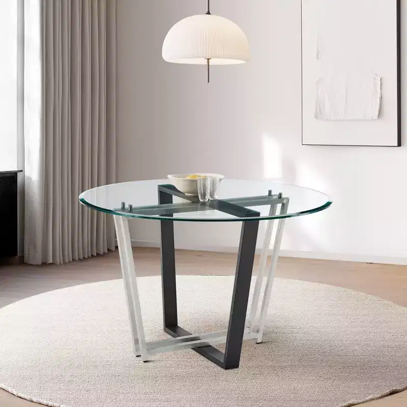 48" Round Glass Dining Table, Brushed Stainless Steel & Iron Trestle Base, Seats 6