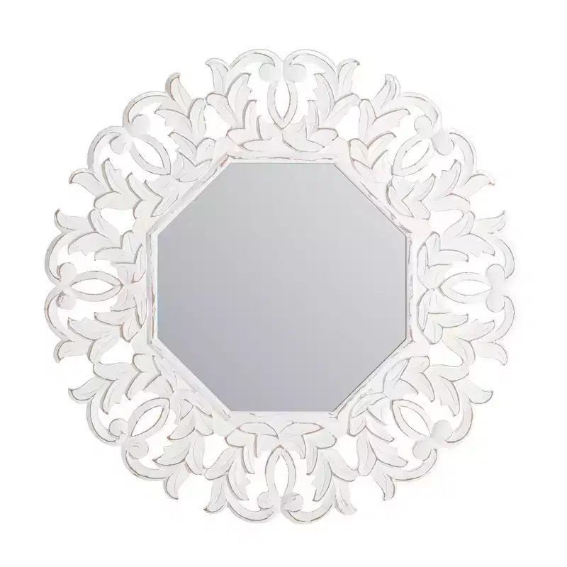 Tull Carved Octagonal Wall Mirror White - Brewster: Modern Style, Wood Frame, No Assembly, 30" Size