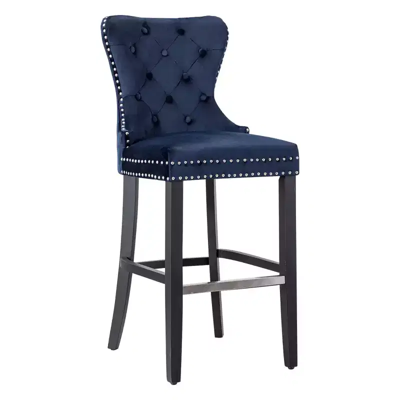 29" Tufted Velvet Bar Stool with Metal Footrest &ndash; Navy Blue