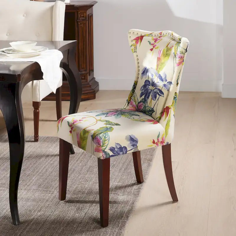 Armless Upholstered Dining Chair &ndash; Off-White Floral / Gold Floral / Moss Green / Jet Black / Brown Floral / Midnight Blue, Curved Back, Nailhead Trim, Seats 1