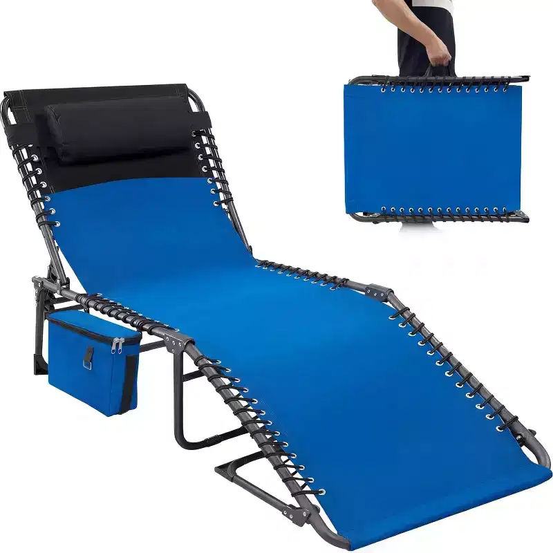5-Position Adjustable Chaise Lounge - 75 Outdoor Sun Tanning Chair with Pillow & Side Pocket, Portable Folding Recliner for Beach(1-Pack)