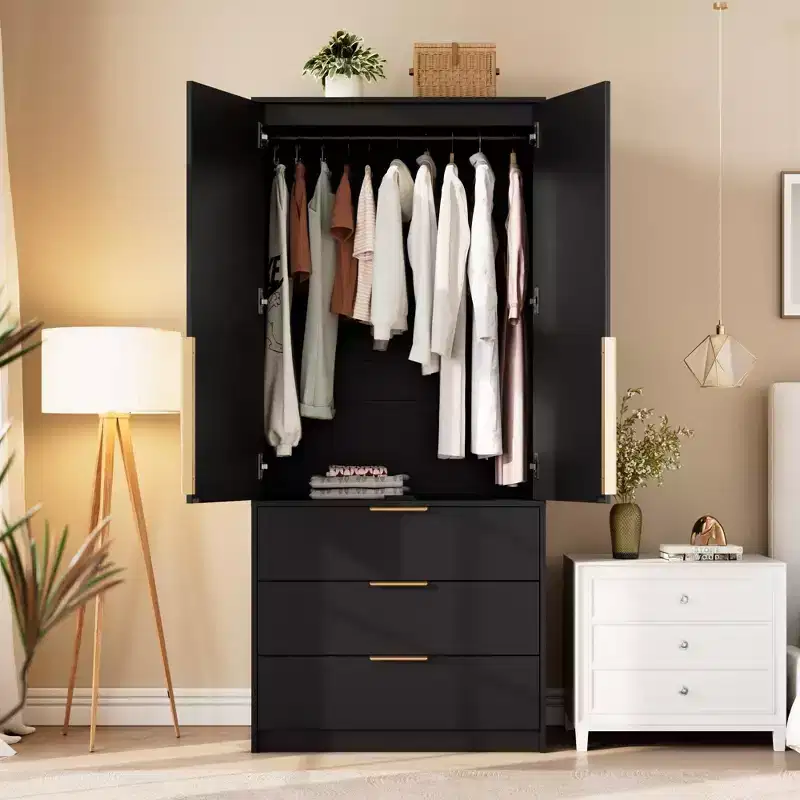 Rattan Armoire Wardrobe Closet with 3 Drawers & 2 Doors &ndash; Tall Wooden Bedroom Cabinet for Hanging Clothes