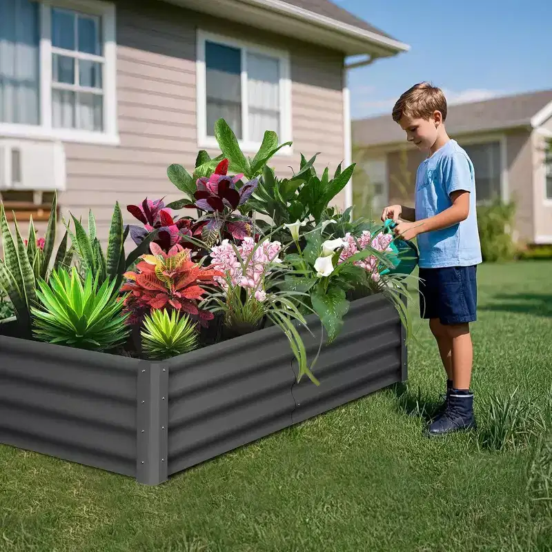 2 Pcs Outdoor Large Planter Raised Beds Open Base with Safety Edge and Glove for Vegetables Flowers Ground Planter, Dark Gray