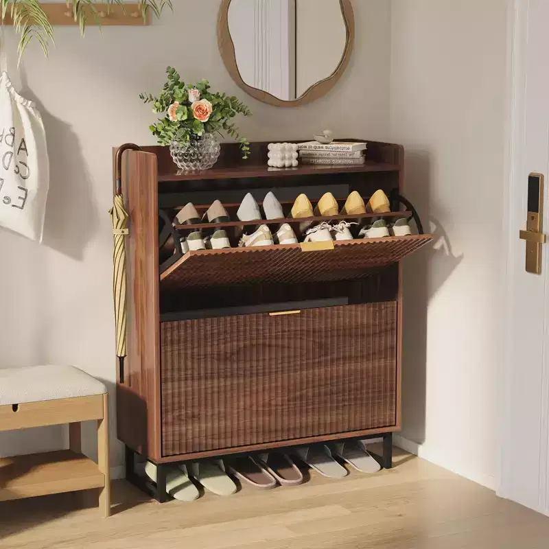 Shoe Cabinet with Two Flip-Top Drawers, Narrow Style with Concealed Recessed Wooden Shoe Rack Storage Cabinet, with Wall Anchor, For Entryway