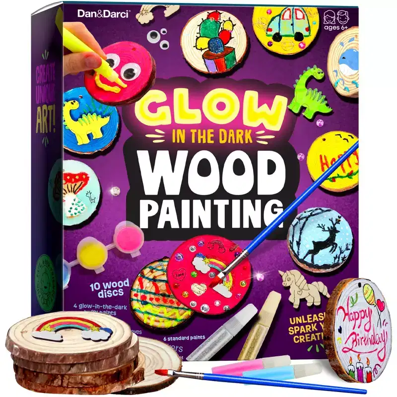 Dan&Darci Glow in the Dark Wood Painting Kit  DIY Craft with 10 Wooden Discs, Puffy and Glitter Paints, Stickers, and Gems, Craft Gift for Kids