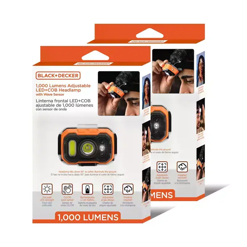 BLACK+DECKER 2-Pack 1,000LM LED and COB Headlamp, USB Rechargeable, Adjustable 90 Tilt, Hands-Free Wave Sensor, 7 Lighting Modes, Waterproof IP65