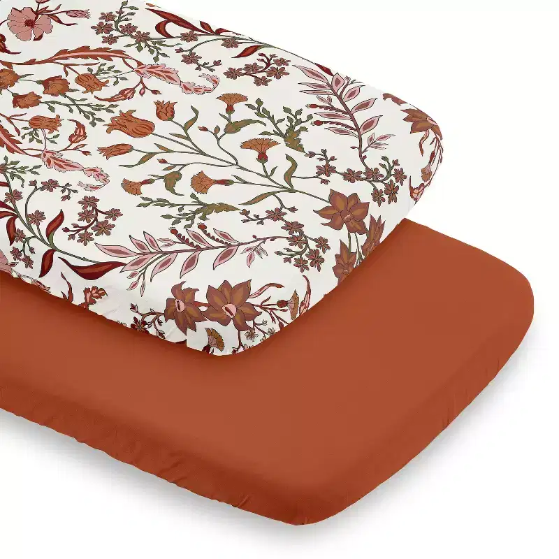 Sweet Jojo Designs Girl Baby Bassinet Fitted Sheets Set Boho Floral Wildflower Ivory Orange and Burgundy 2pc