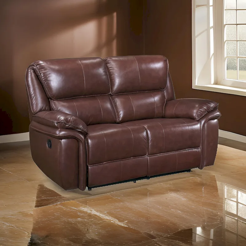 Brown Top Grain Leather Manual Recliner Loveseat Plush Pillow Armrest Wood Frame
