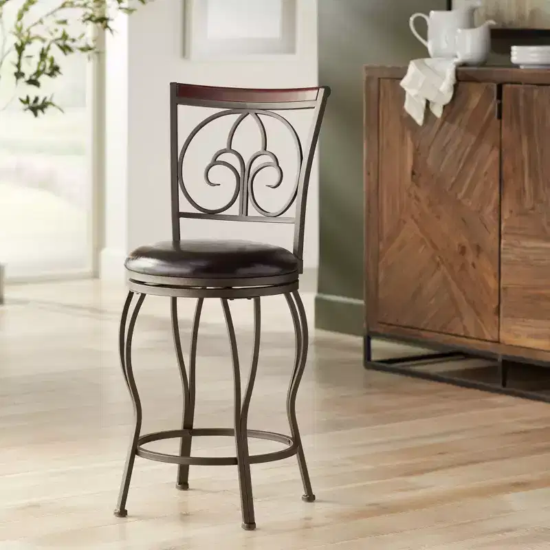 Metal Swivel Bar Stools Set of 2 &ndash; Brown, 24" Seat Height, Round Cushion with High Back and Footrest