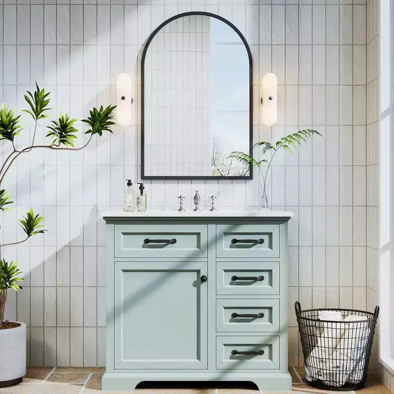 PexFix Bathroom Vanity with Top Ceramic Sink Freestanding Vanity Set 36 Storage Cabinet with Mirror 2 Tip-out Drawers Soft Close Door Hinges Grey