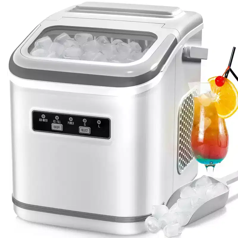 Countertop Ice Maker, producing 9 bullet ice cubes in 6 minutes and 26.5 lbs of ice per 24 hours and includes a basket and scoop,WHITE
