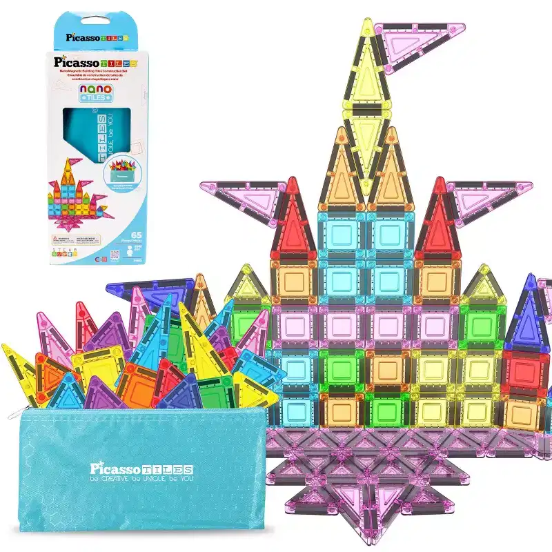 PICASSO-TILES 65PCS Nano Magnetic Tile Travel Size Mini Portable Building Blocks Playset with Storage Bag, STEM Educational Toy for Kids Age 3+