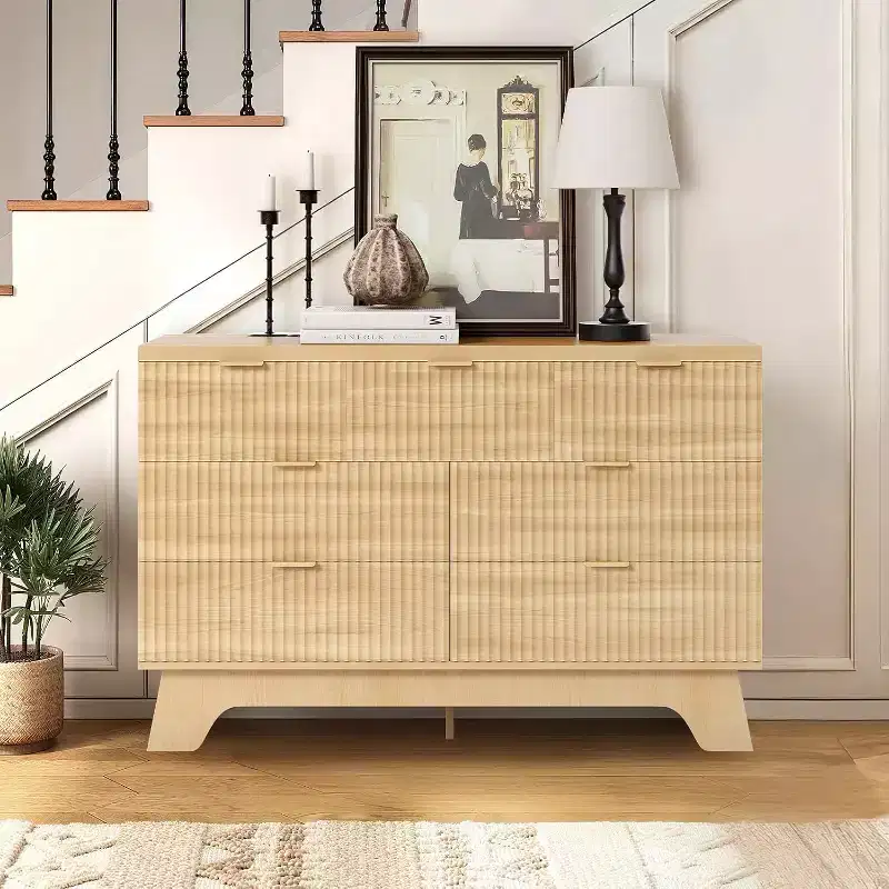 7 Drawer Dresser for Bedroom, 47 Wide Mid Century Modern Dresser with Gold Handle, Fluted Dressers Chest of Drawers for Living Room, Oak