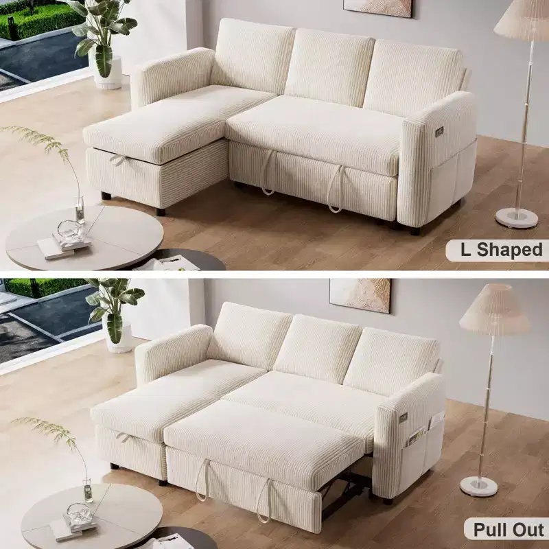 Dyonery L-Shaped Couch Sectional Sleeper Sofa with Reclining Backrest 81 Sleeper Sofa with Pull Out Bed,Reversible Storage Sofa,Tool-Free Assembly