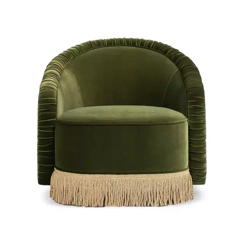 Jennifer Taylor Home Serena 31.5 Ruched Barrel Back Accent Arm Chair with Bullion Fringe, Olive Green Performance Velvet