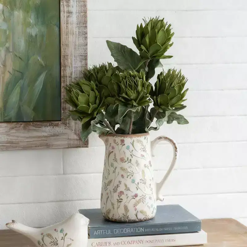 NAYSAYE 9 Inch Round Ceramic Pitcher Vase with Floral Motifs Rustic Farmhouse Style for Tabletop Home Decor, White, 8.1*5.7*9.1