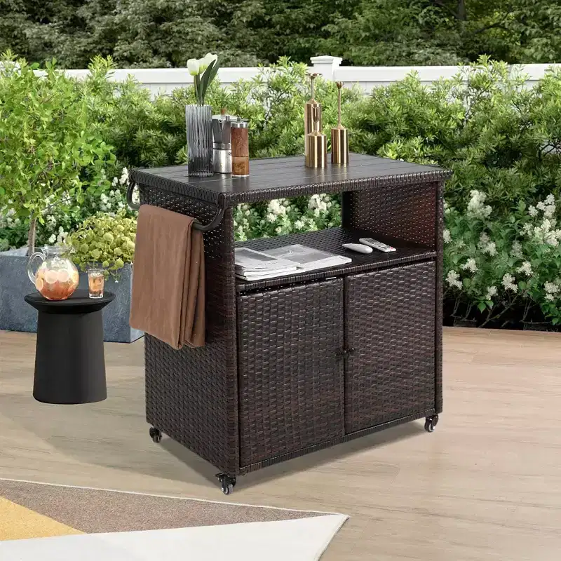 Outdoor Wicker Bar Serving Cart with Glass Tabletop, Rolling, Black & Brown, 35"