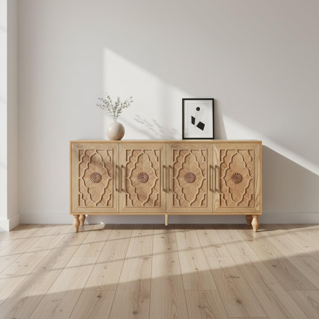 Large Storage Cabinet &ndash; Black / Natural Wood, Carved Flower Doors, Metal Handles, Rustic Modern Style