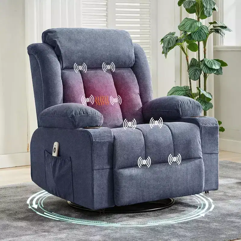 Oversized 360 Swivel Recliner with Heat & Massage. Wide Rocker for Big & Tall, 3-Positions, Cup Holders, USB Port & Pocket  Ultimate Lounge Chair.