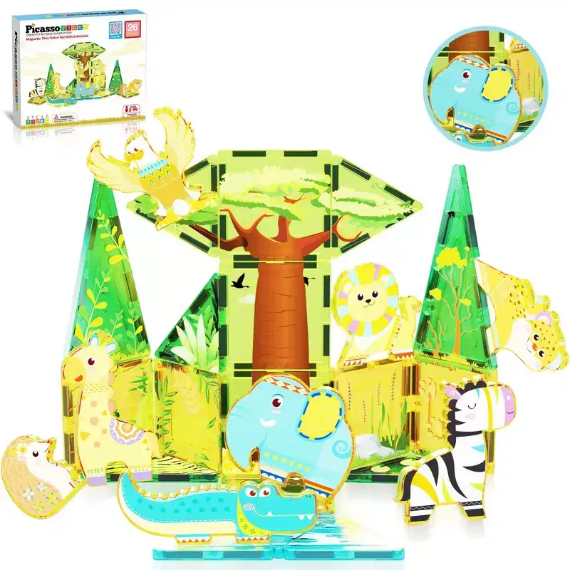PICASSO-TILES Magnetic Tiles for Kids  Safari Animals Theme 26PCS STEM Construction Building Blocks Educational Toy