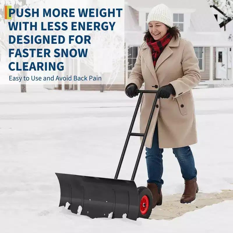 Large 40 W X 18 H Snow Shovel Pusher for Driveway, Wheels, Pusher Shovel with Snow Removal Adjustable Angle & Height Handle for Driveway