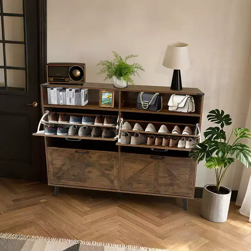 4-Door Flip-Up Shoe Cabinet with Drawers & Adjustable Shelves �C Holds 32 Pairs