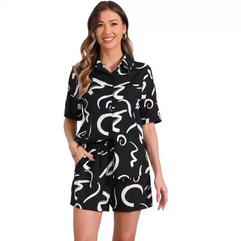 INSPIRE CHIC Women's Casual Outfits Short Sleeve Button Down Pajama Beach Sets 2 Pcs