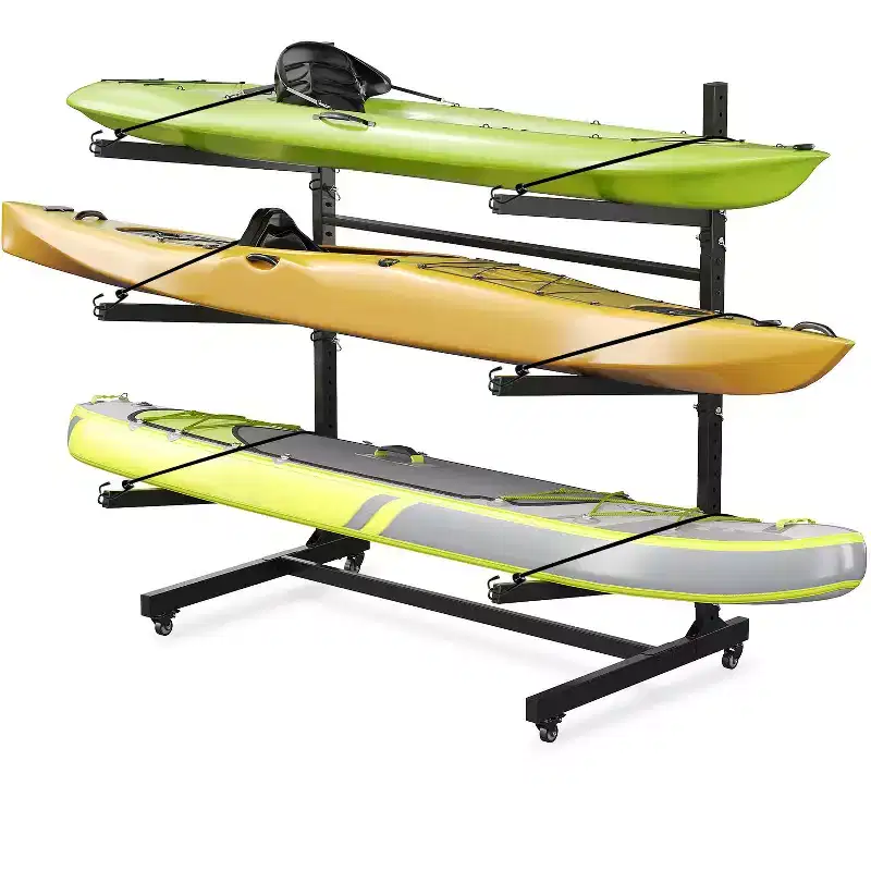 3-Tier Freestanding Kayak Rack, Steel, Lockable Wheels, Holds Kayaks/Canoes/SUPs up to 120 lbs, 46"x29"x44"