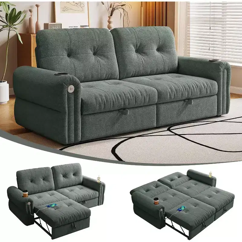 MooxvMoo 77 Modern Chenille Sleeper Convertible Sofa Bed, Pull Out Couch with USB Charging Port & Cup Holder, Adjustable Backrest, Side Pockets,Green