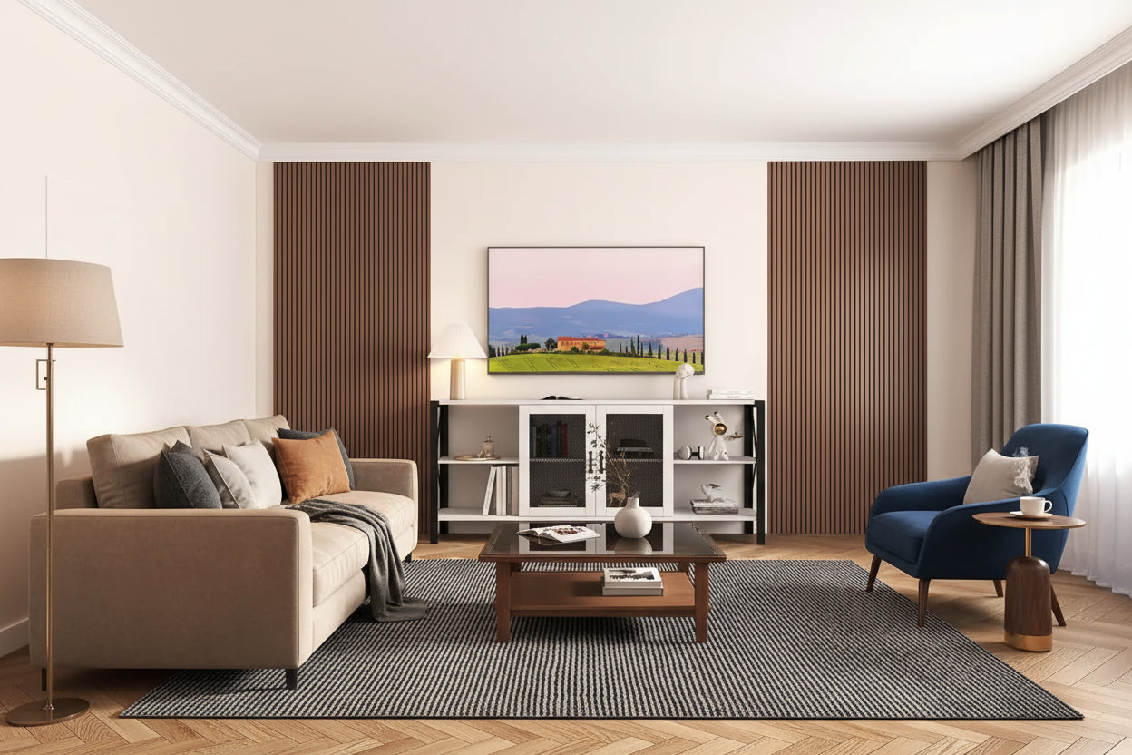 80-Inch Industrial TV Stand &ndash; Espresso / Walnut / White, Wood & Metal, Open Shelving with Mesh Door