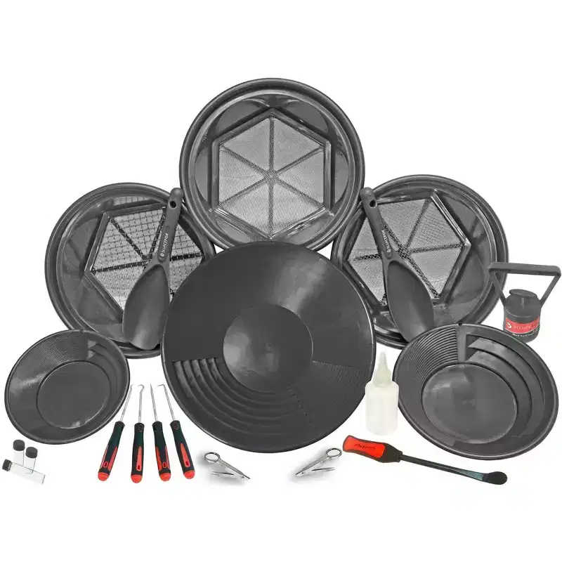 Sluice Fox gold panning kit with 3 classifiers; stacking sifting pans; huntley spoon, gold crevice tools, paydirt scoop, black sand magnet, gold vials