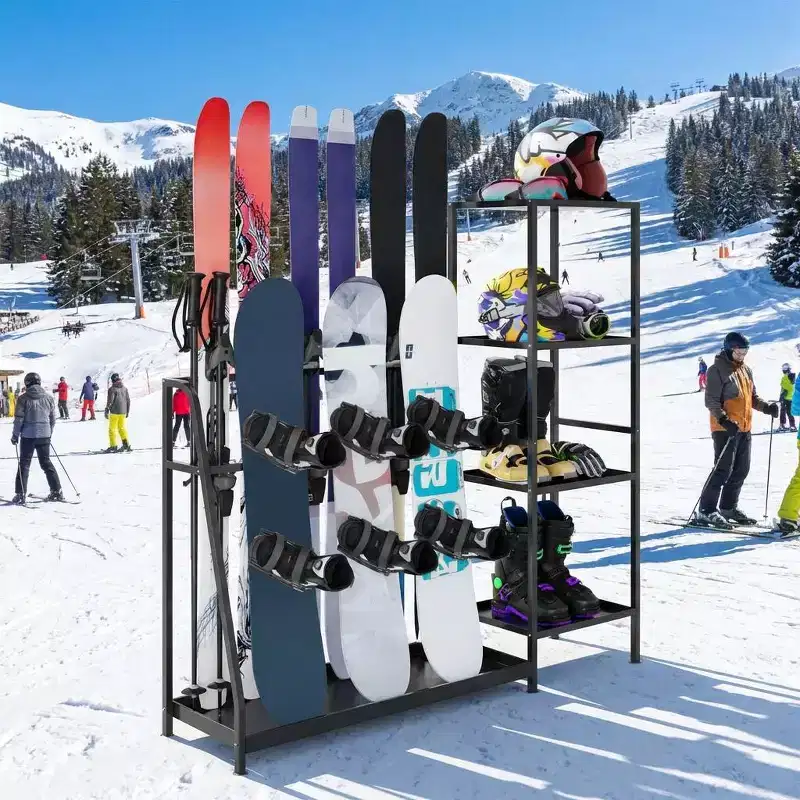 Freestanding Ski & Snowboard Rack, Heavy Duty Steel Storage Organizer, No Drilling for Garage, Holds Poles Helmets Boots