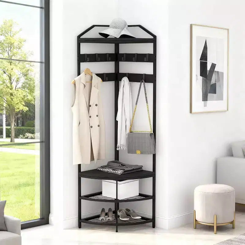 Corner Hall Tree with Shoe Rack Entryway Coat Rack with 6 Metal Movable Hooks Floor Standing Clothes Racks Shoes Shelf Organizer for Bedroom Entryway