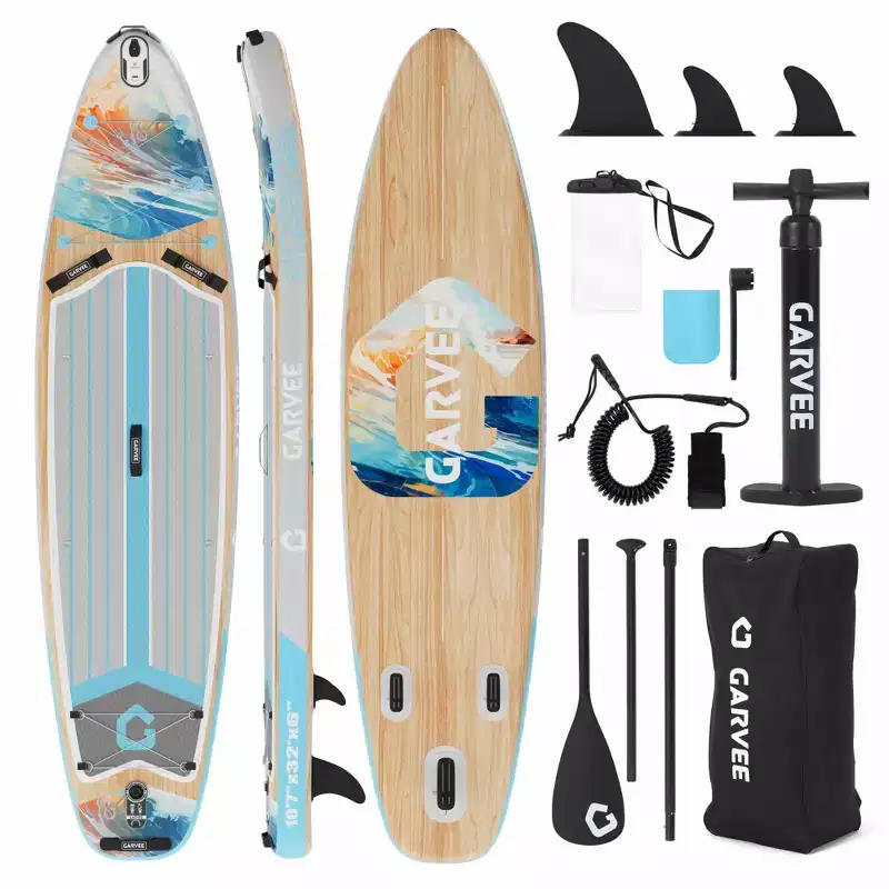 Inflatable Paddle Board PVC 335 Gradient Light Wood Grain Stand-Up Paddle Board with Paddle, Backpack, Air Pump and Logo