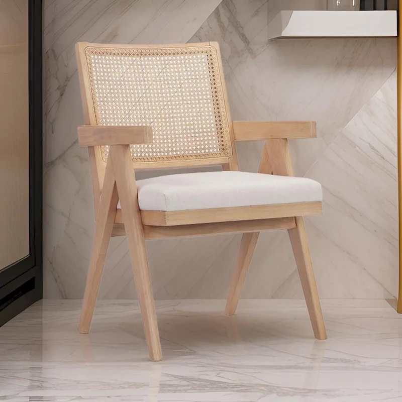24" Armchair with Cane Back, Off-White Velvet Upholstery, Brown Solid Wood Frame, Accent Chair