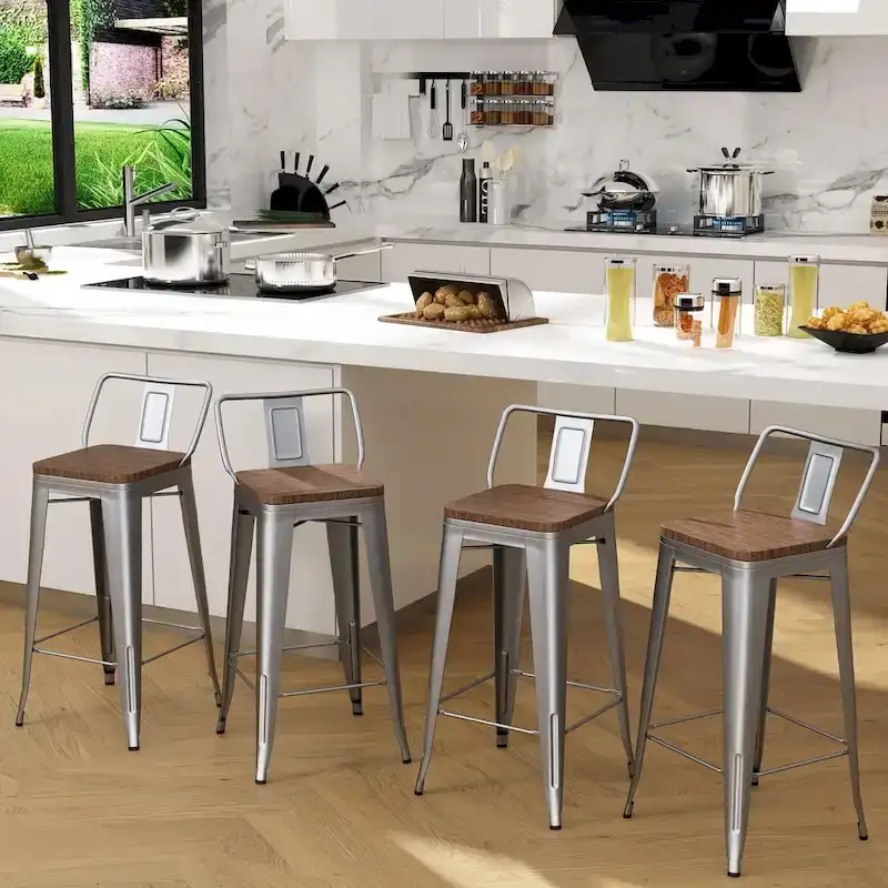 Silver Metal Bar Stool, Distressed Wood Seat, Set of 4, Counter Height